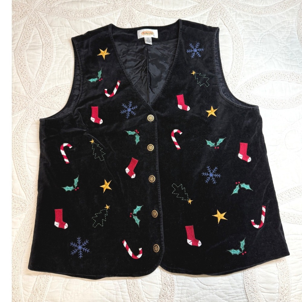 Y2K Talbots Grandma Christmas Vest Black Velvet Embroidered Holiday Medium